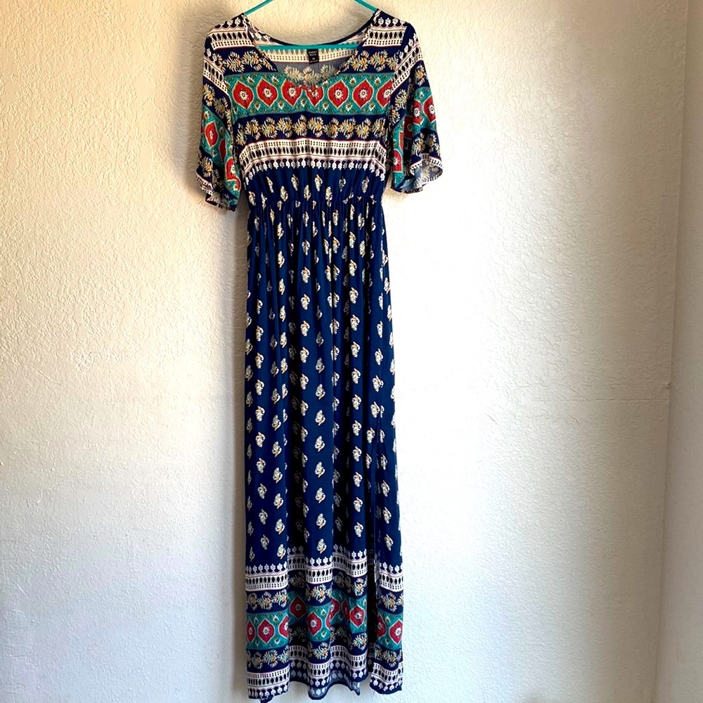 Emily Rose Maxi BoHo Bell Sleeves Elastic Waist Side Slits Women’s Dress Size XS